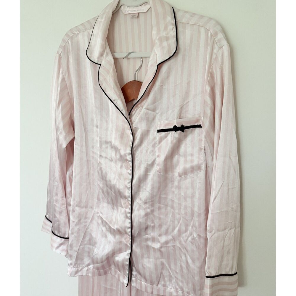 Rare VTG Y2K Victoria's Secret Pink Satin Striped Pajama Set Drawstring M -Stain
